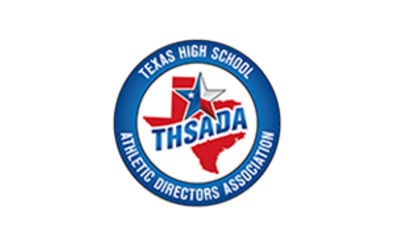Logo of the Texas High School Athletic Directors Association featuring a red Texas state outline, a silver star, and THSADA in blue, surrounded by a blue ring with the organizations name in white letters.