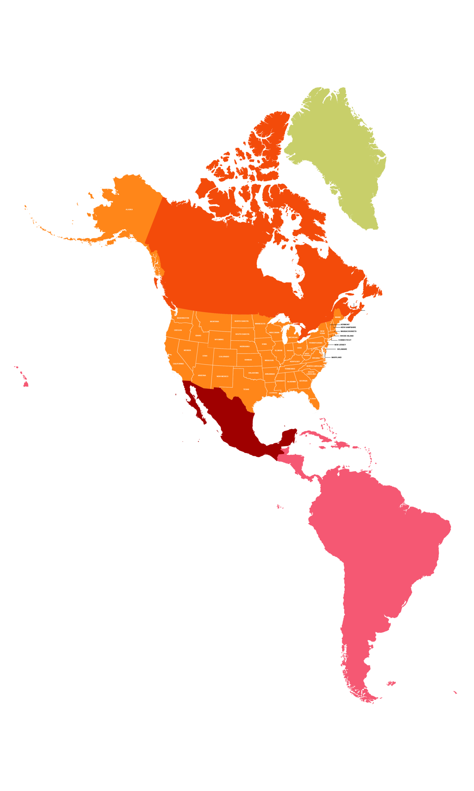 Color-coded map of North and South America showing regions in shades of red, orange, pink, and green. The United States and Canada are in orange, Mexico in red, Central America in yellow, the Caribbean in lime green, and South America in pink.