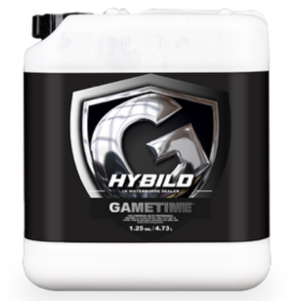 A white 1.25-gallon container with a black label featuring a large metallic G shield logo and the word HYBRID above the product name GAMETIME in bold letters.