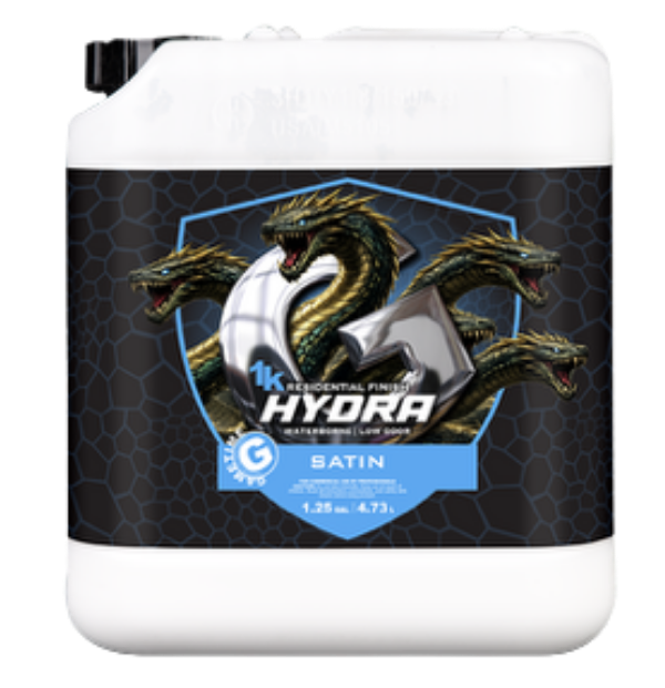 A container labeled 1K HYDRA Satin featuring an illustration of a three-headed hydra with shiny, metallic scales. The container holds 4.73 liters (1.25 gallons) of paint or coating product.