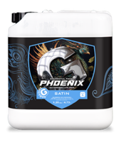 A white container of Phoenix Satin car care product with a black label featuring a stylized phoenix, metallic helmet, and blue accents. The label includes product details and a logo with a “G.”.