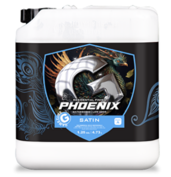 A white paint container labeled Phoenix Satin with a graphic of a phoenix and a large metallic G on the front. The label indicates its a residential finish and the container holds 1.25 gallons (4.73 liters).